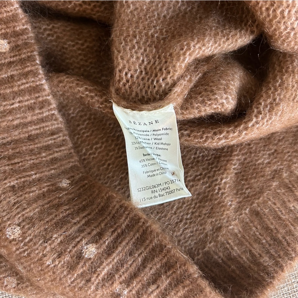 BEST Sezane Lizy Cardigan Camel Gold Polka Dot French Wool Causal - Picture 8 of 9